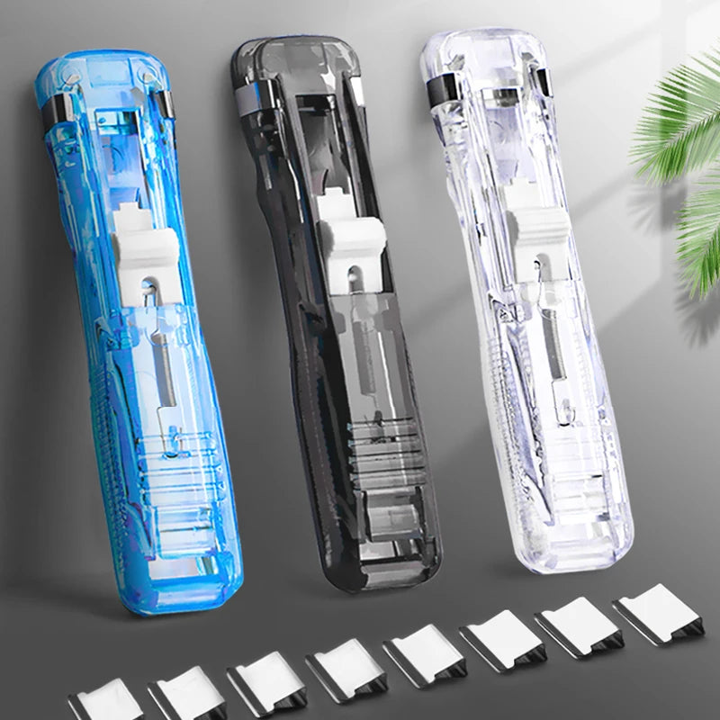 Reusable push paper stapler clamps: blue, black, and clear transparent bodies