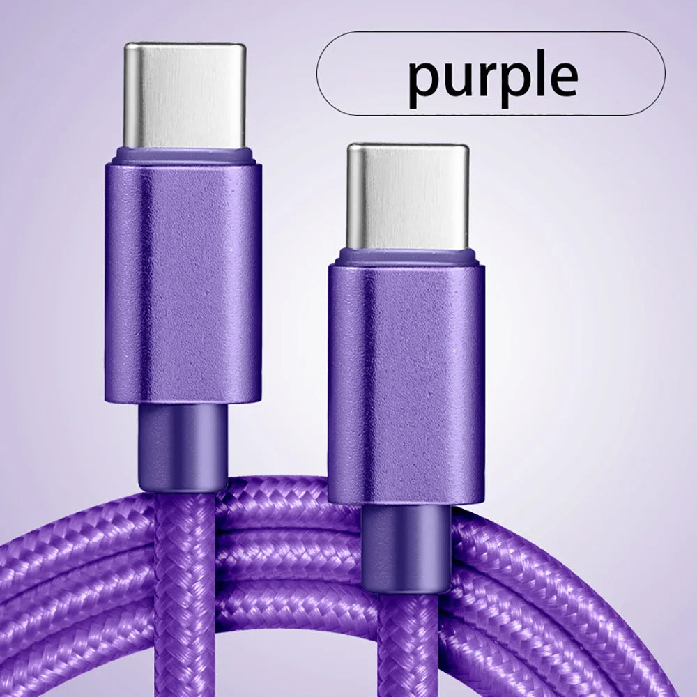 USB-C to USB-C nylon braided fast-charging cable, purple with metal plugs