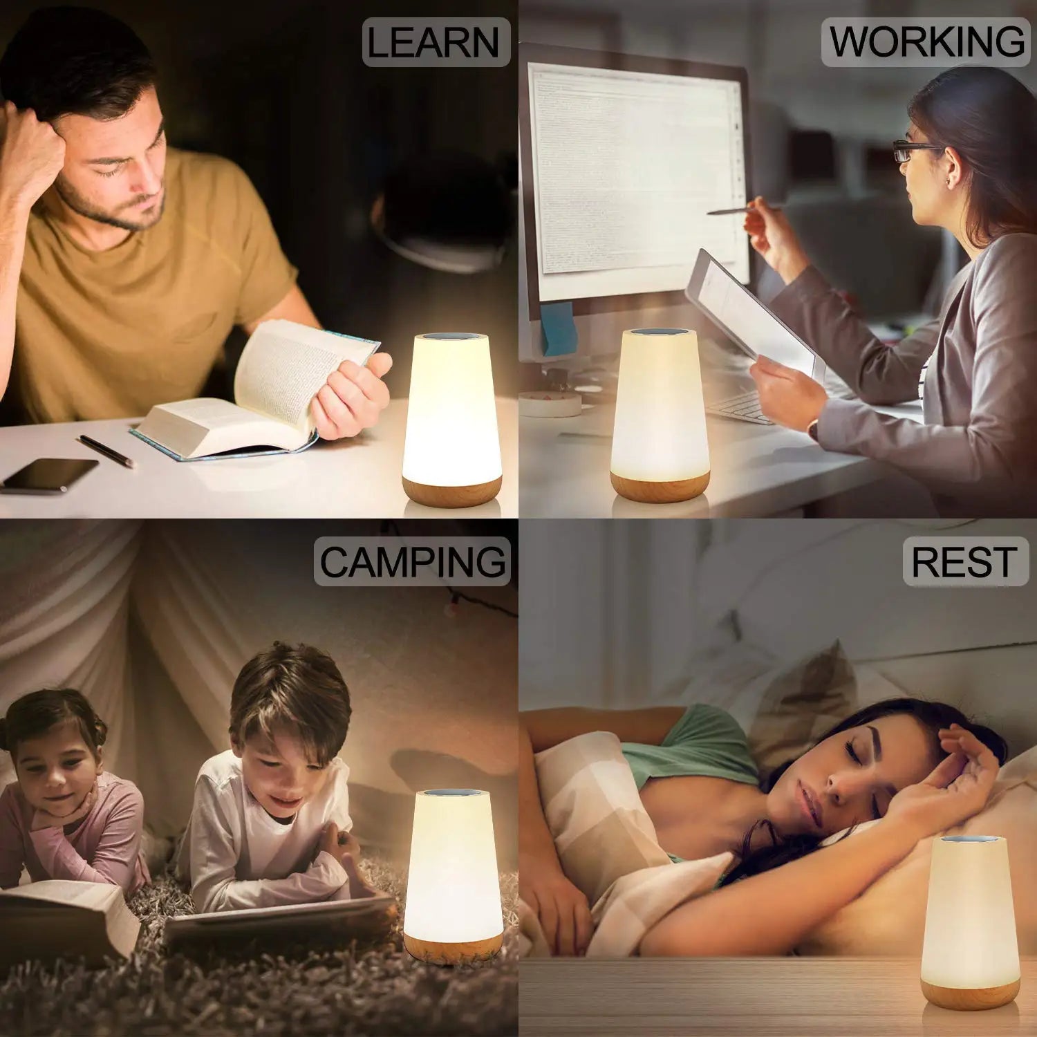 Rechargeable touch night lamp glowing warm on a tabletop for reading and rest.