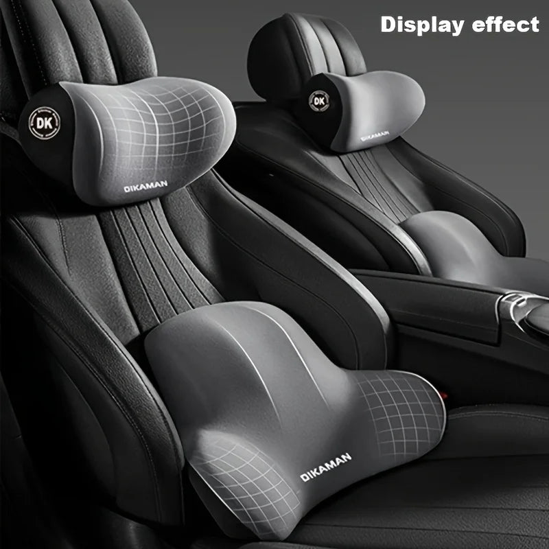 Car headrest and lumbar support set, gray memory-foam cushions with grid fabric