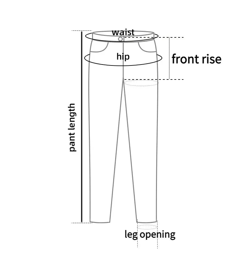 Riding jeans measurement diagram showing waist, hip, front rise, pant length