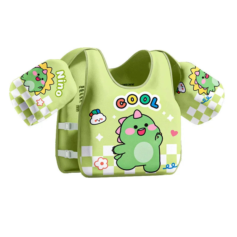 Green kids swim buoyancy vest with cute dinosaur and “COOL” print, arm float sleeves