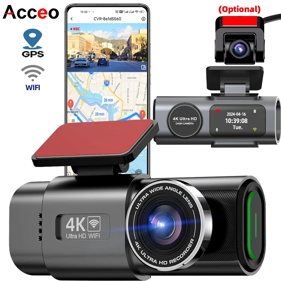 4K dash cam DVR with front lens, GPS and Wi‑Fi indicators, and rear display