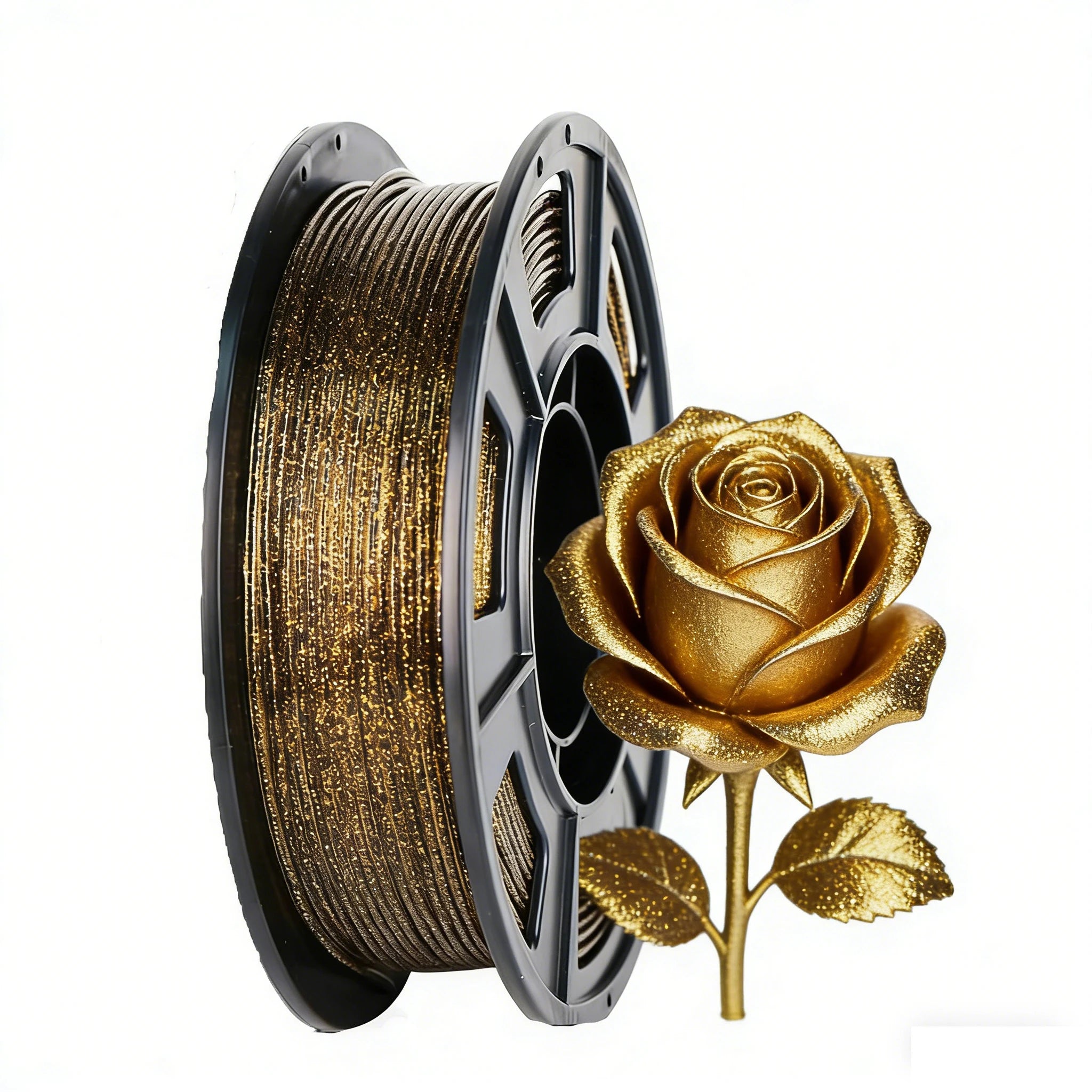 3D printer filament spool with gold glitter filament on a black spool frame