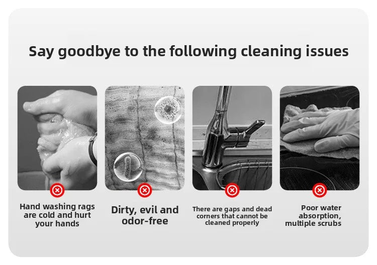 Mini desktop mop cleaning issues chart with hand-held mop shown in white and orange