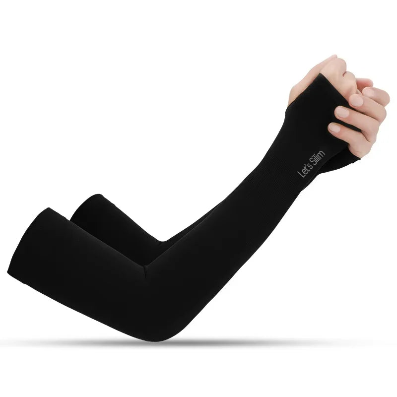 Black anti-UV arm sleeve with thumb opening and elastic cuff.