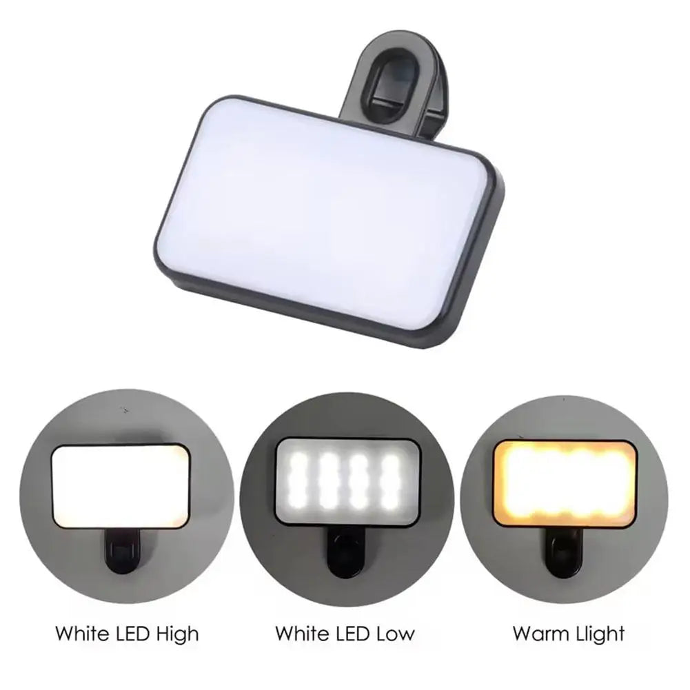 Pocket LED selfie light showing white high, white low, and warm light modes
