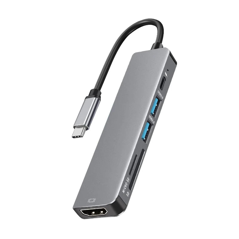 Slim USB-C hub with HDMI out and dual USB ports, front close-up view