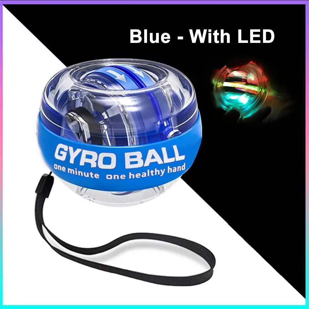 Blue gyro wrist ball with LED light and wrist strap for grip strength training