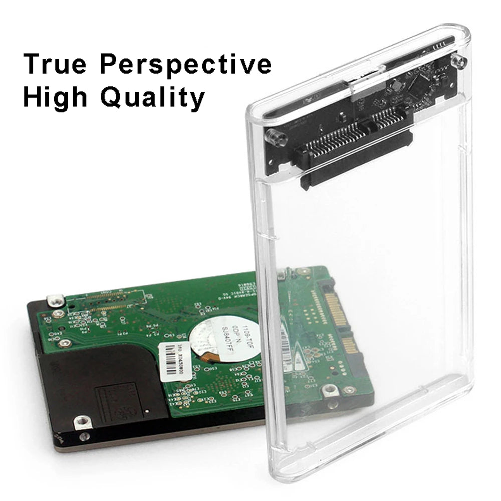 2.5-inch transparent hard drive enclosure case with SATA connector exposed