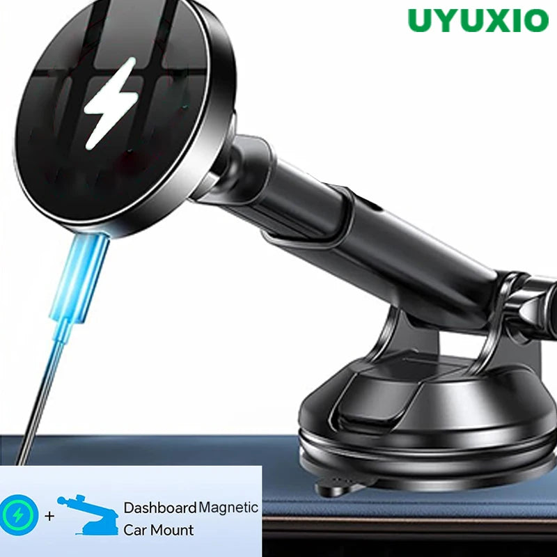 Black dashboard magnetic wireless car phone charger with suction base and long arm