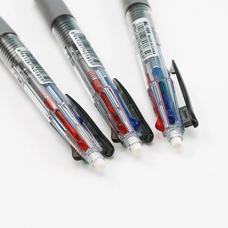 Grouped multicolor pens showing metal writing tips and transparent refill tubes with colored ink