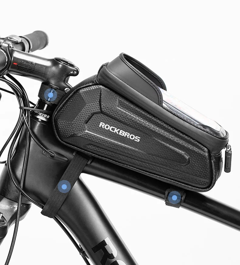 Black ROCKBROS bicycle frame phone bag mounted on handlebars