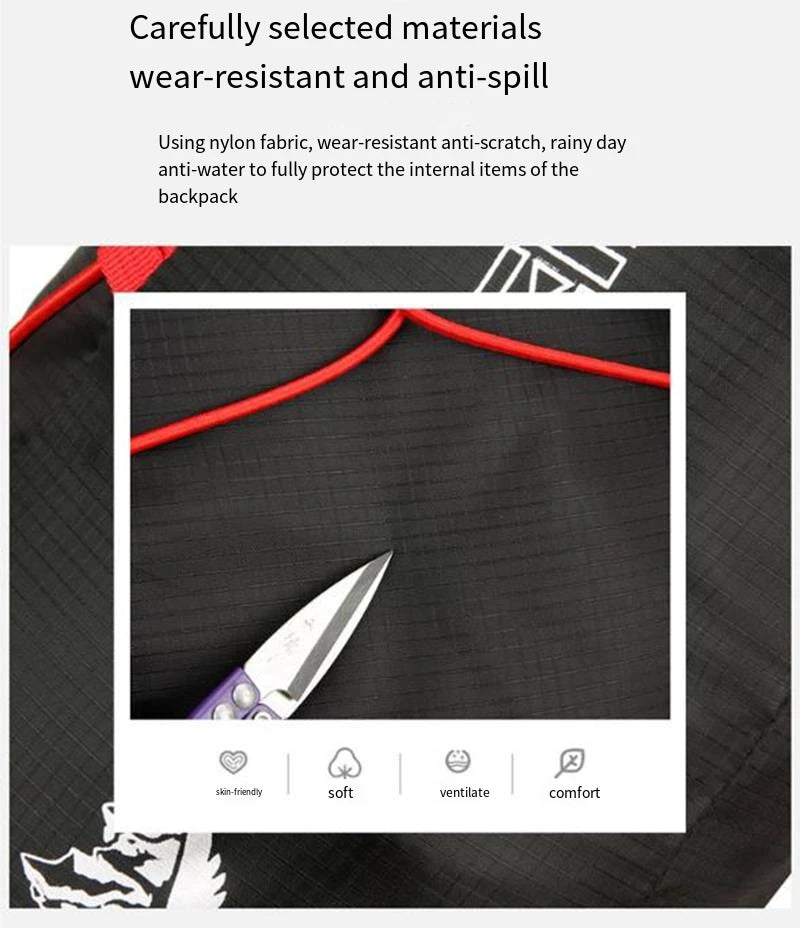 Close-up of black waterproof nylon fabric with red piping on a folding backpack