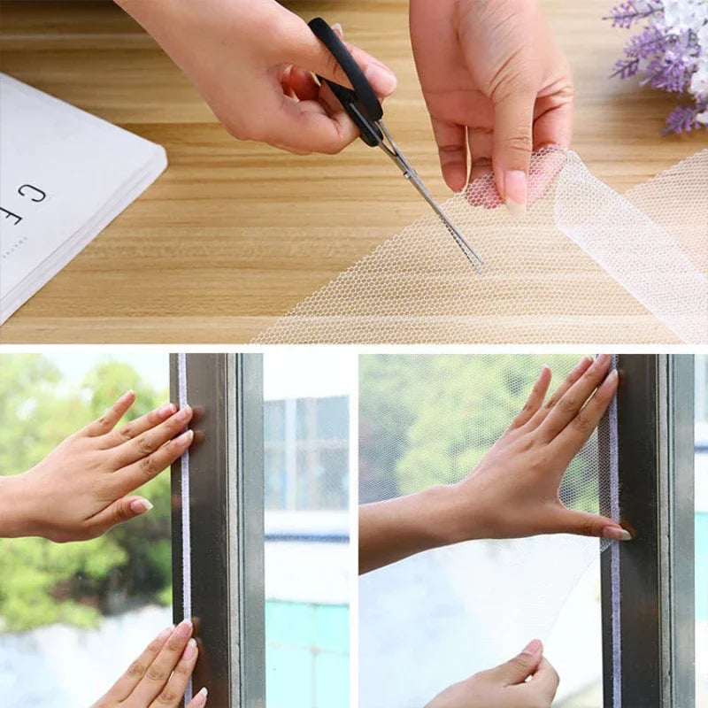 Anti-mosquito window screen mesh being cut and applied with hands