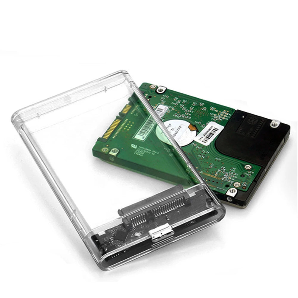 2.5-inch SATA HDD enclosure with PCB drive installed inside clear protective case