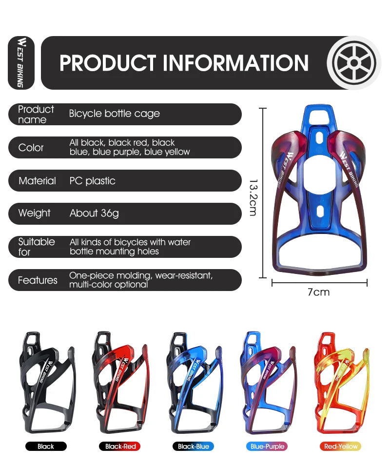 Multi-color bicycle bottle cages shown together: black, red, blue, purple, and yellow