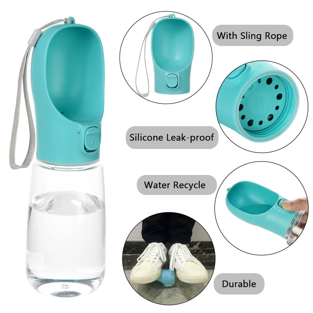 Teal portable pet water bottle with carry strap and leak-resistant silicone top