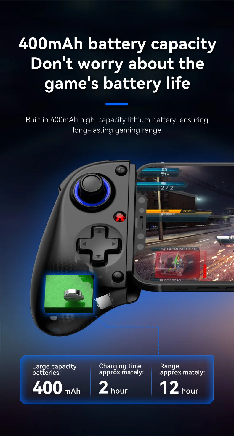 Black gamepad controller showing battery indicator area and charging/contact ports