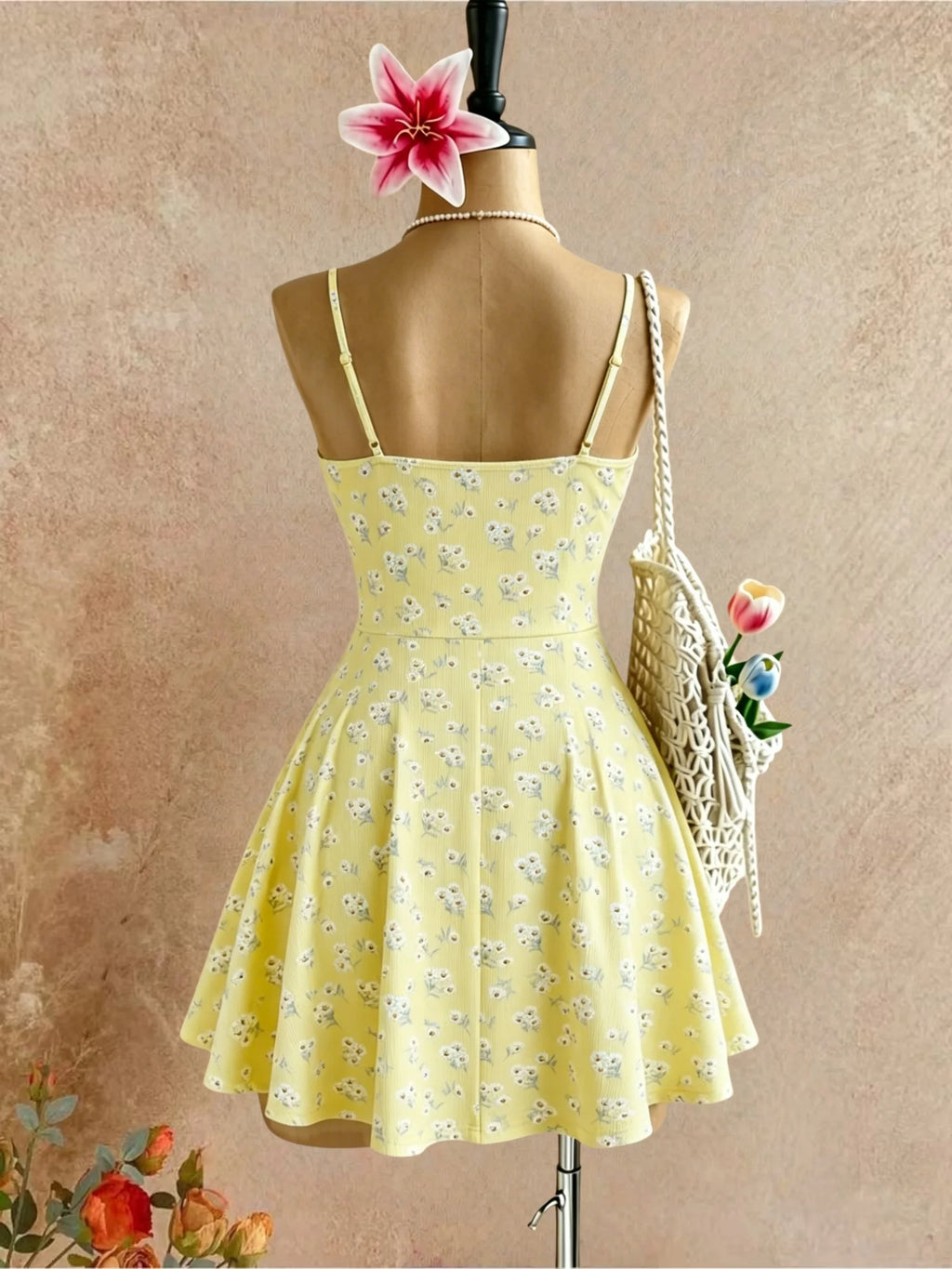 Yellow ditsy floral spaghetti-strap mini skater dress back view