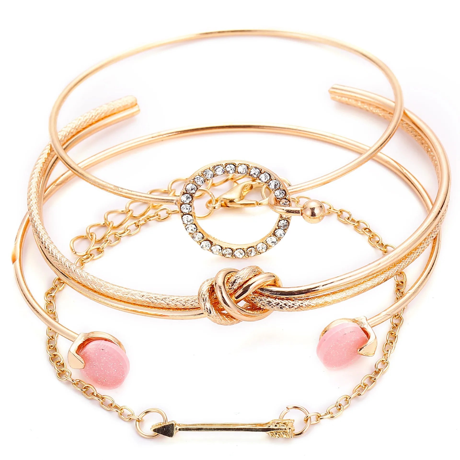 Rose gold chain and bangle bracelet set with rhinestone heart charm and pink accents