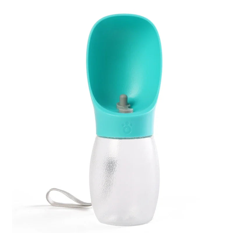 Turquoise top and white body pet water bottle with spout and tether strap