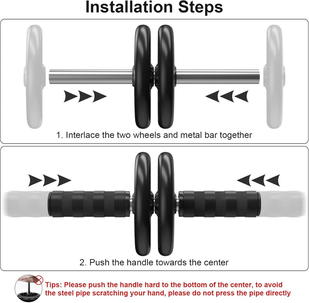 Dual-wheel abdominal roller installation diagram with metal bar and foam handle grips