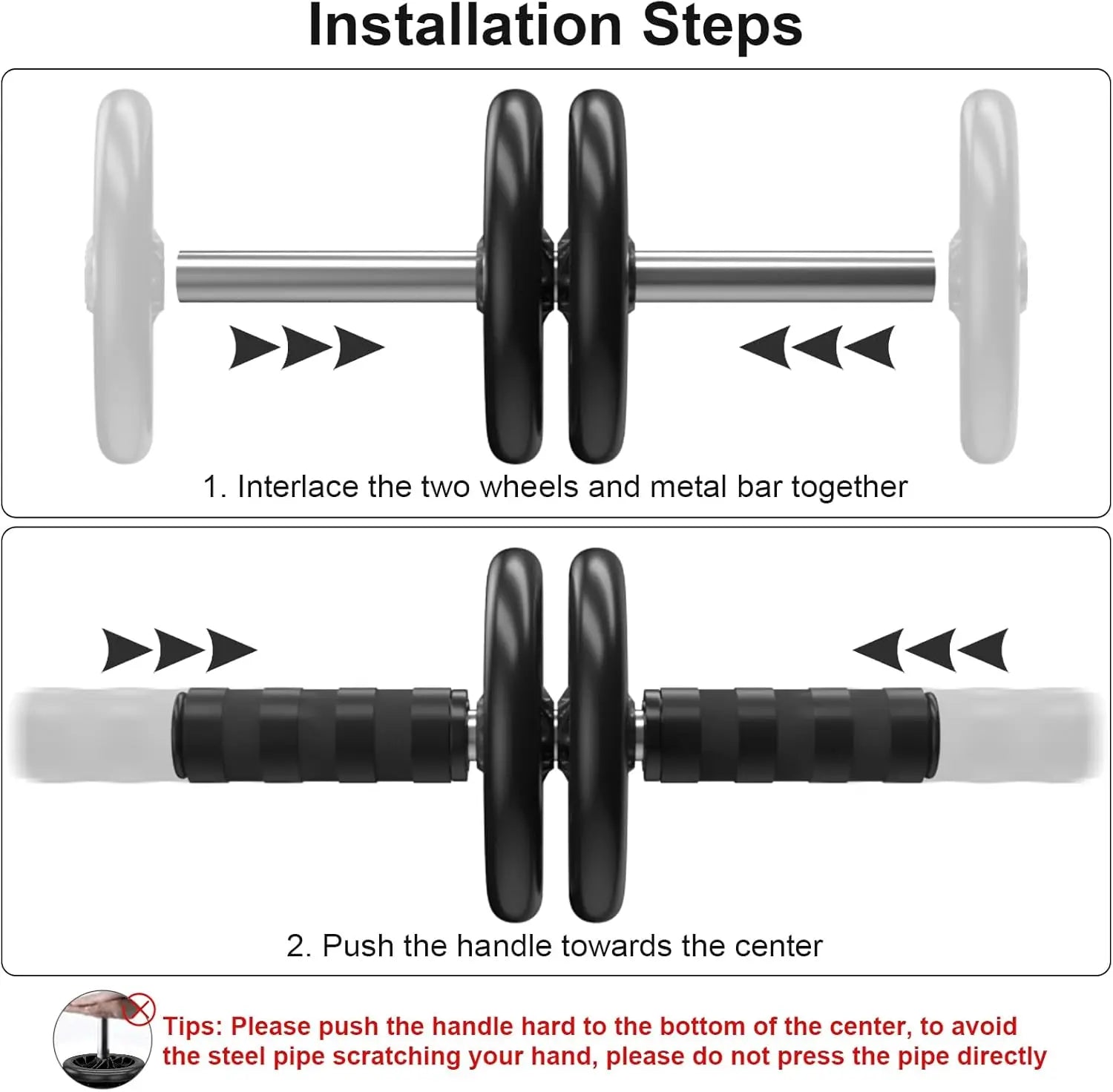 Dual-wheel abdominal roller installation diagram with metal bar and foam handle grips