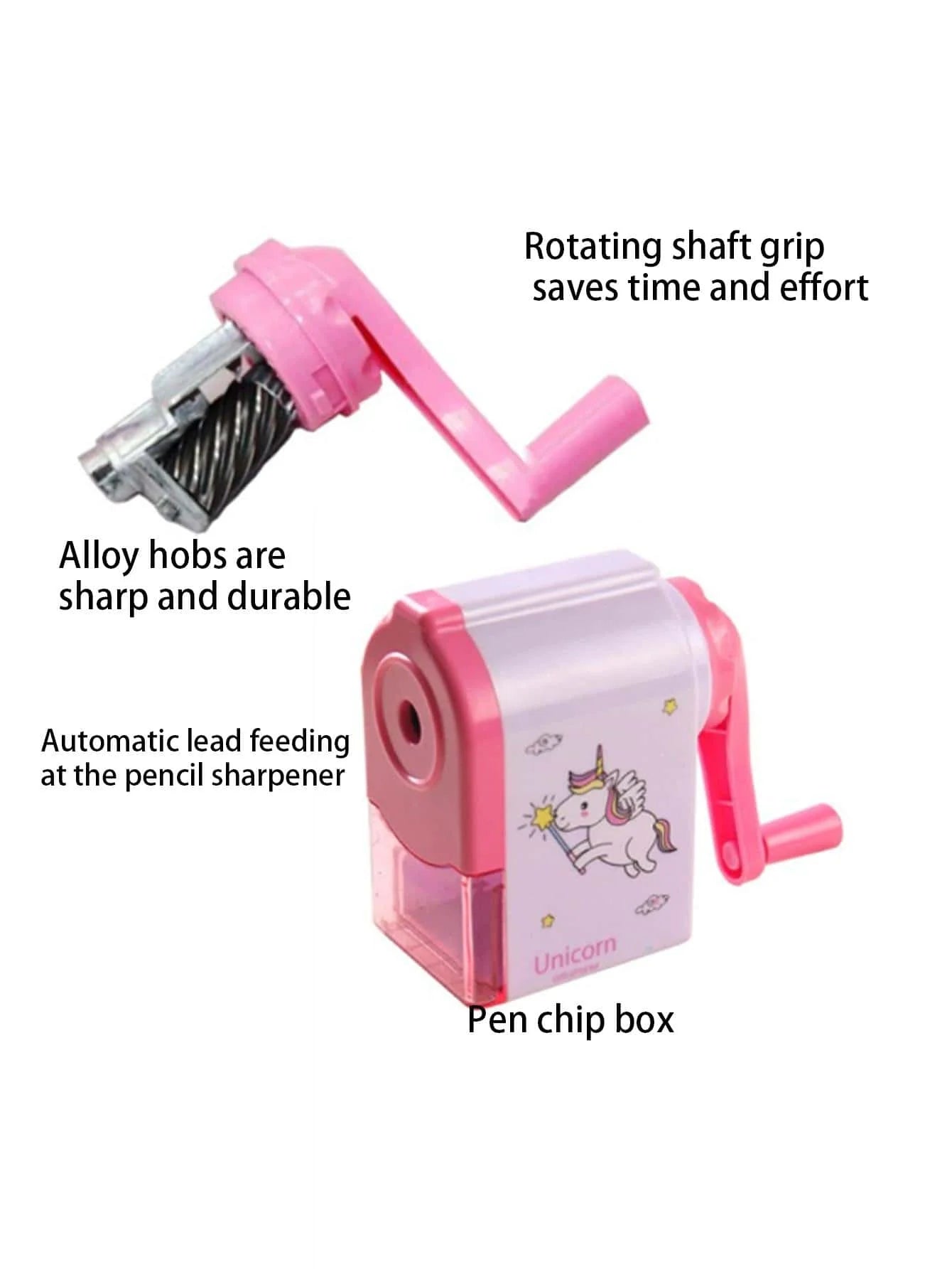 Pink dolphin rotary pencil sharpener showing rotating grip and lead-feeding window