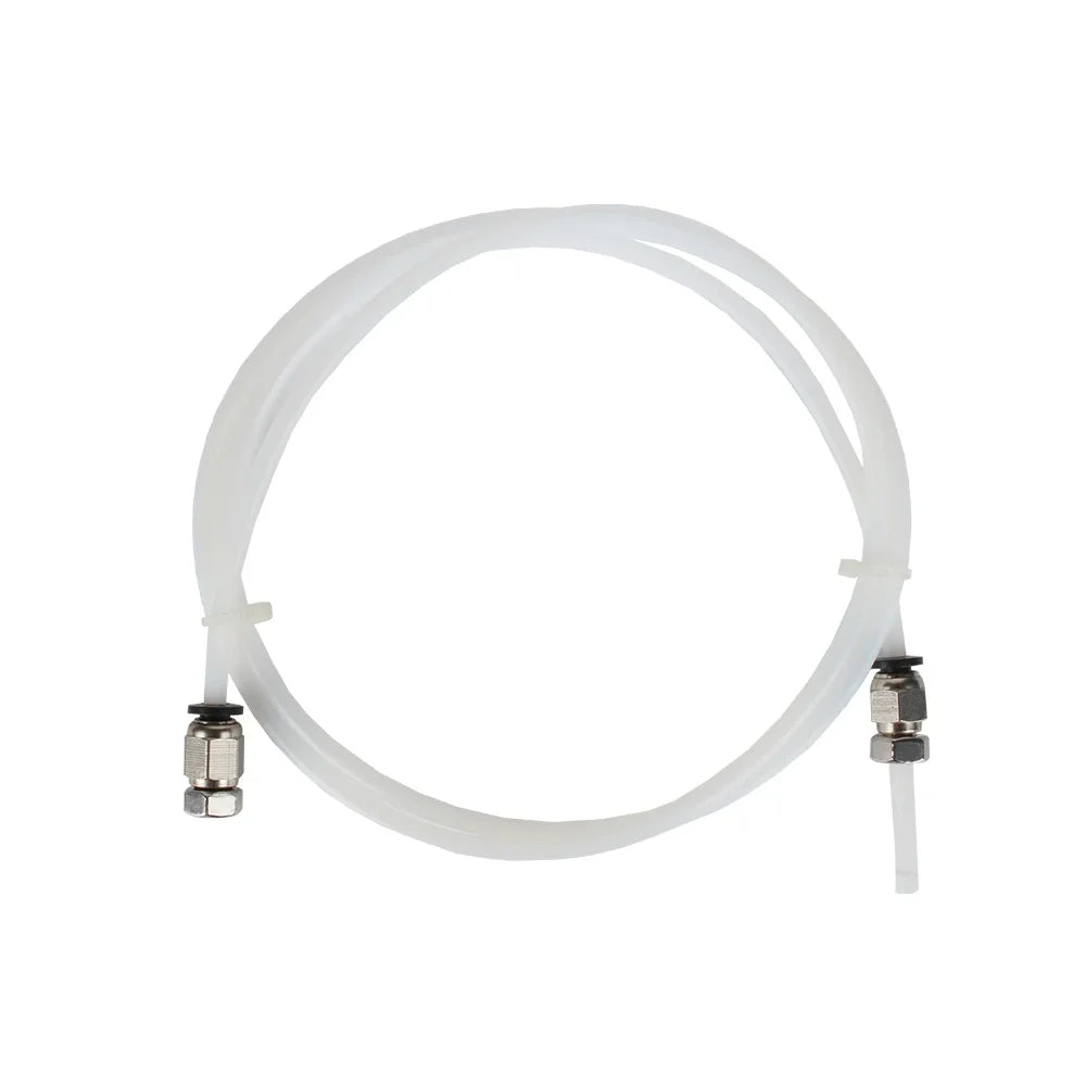 White PTFE tube loop with pneumatic quick-connect fittings and metal nuts