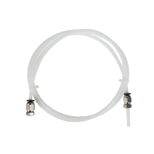 White PTFE tube loop with pneumatic quick-connect fittings and metal nuts