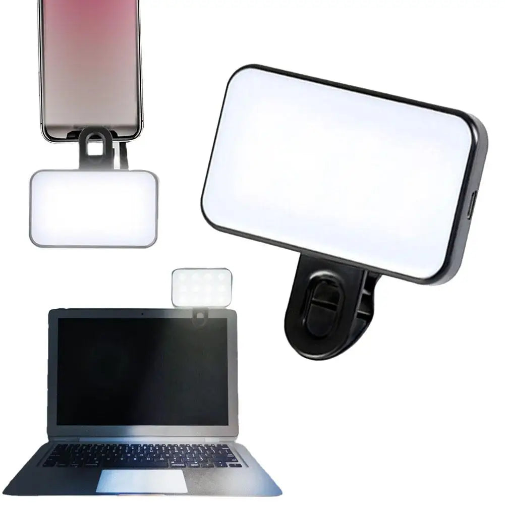 Pocket LED selfie light with clip, compact rectangular panel shown in multiple positions
