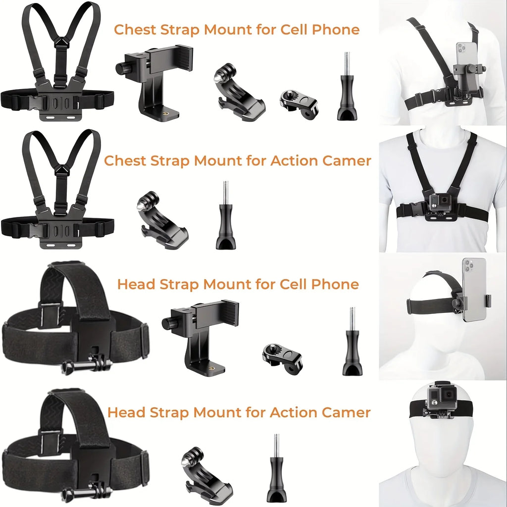Black chest, head, and action camera mount setups on a mannequin with straps