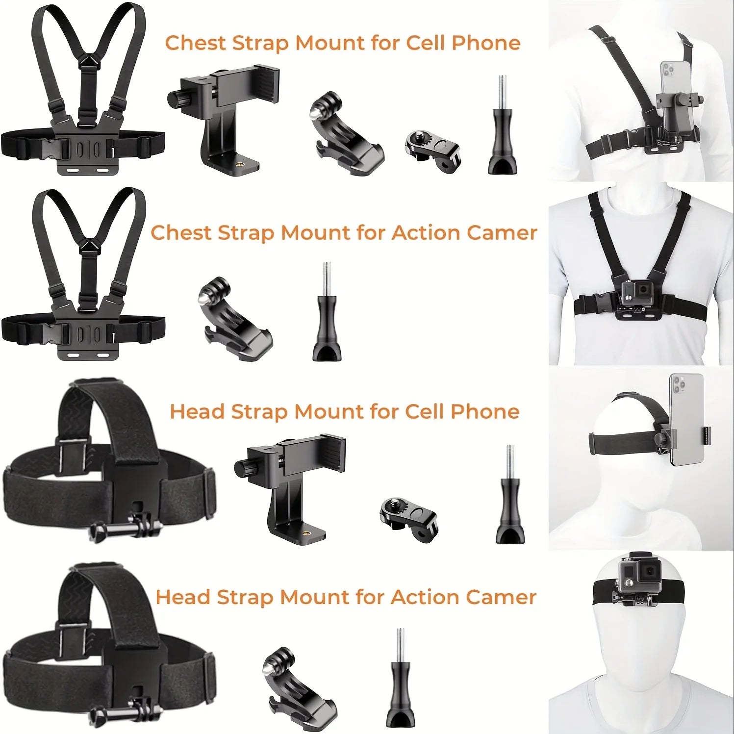 Black chest, head, and action camera mount setups on a mannequin with straps