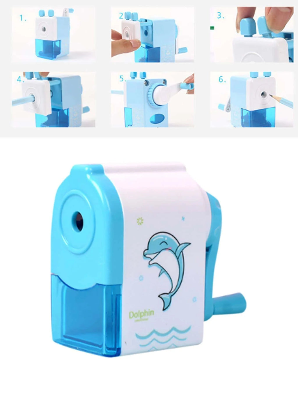 Blue pencil sharpener with dolphin illustration, shown with step-by-step use diagrams