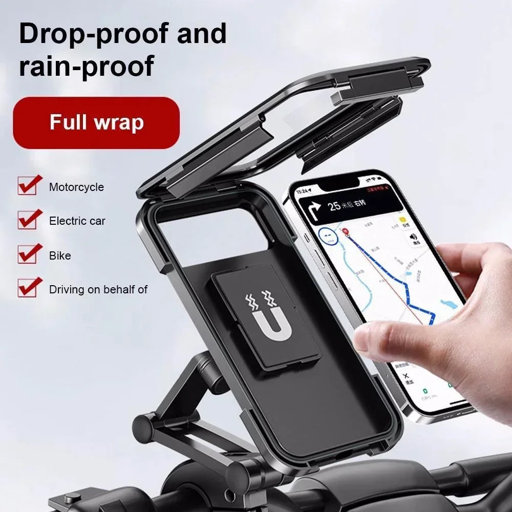 Black waterproof motorcycle phone holder with universal adjustable mount and screen display