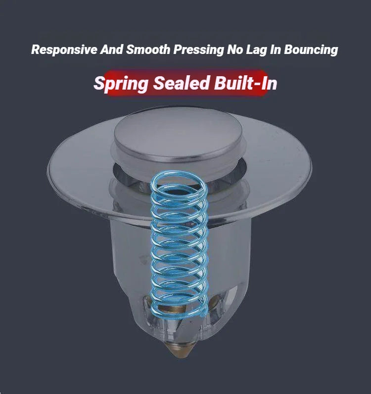 Chrome pop-up drain stopper with visible blue spring inside the filter housing