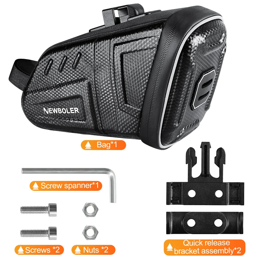 NEWBOLER waterproof saddle tool bag, black with reflective stripes and mounting strap