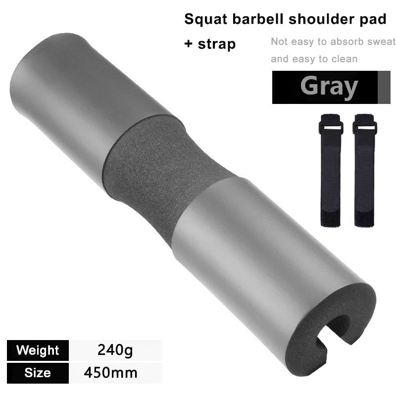 Gray barbell squat shoulder pad with foam center and adjustable strap