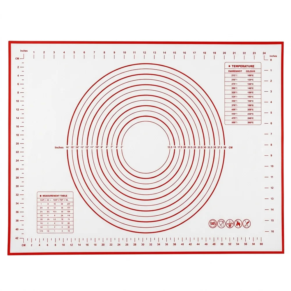 Silicone baking mat with concentric rings, measurement table, and temperature chart panel