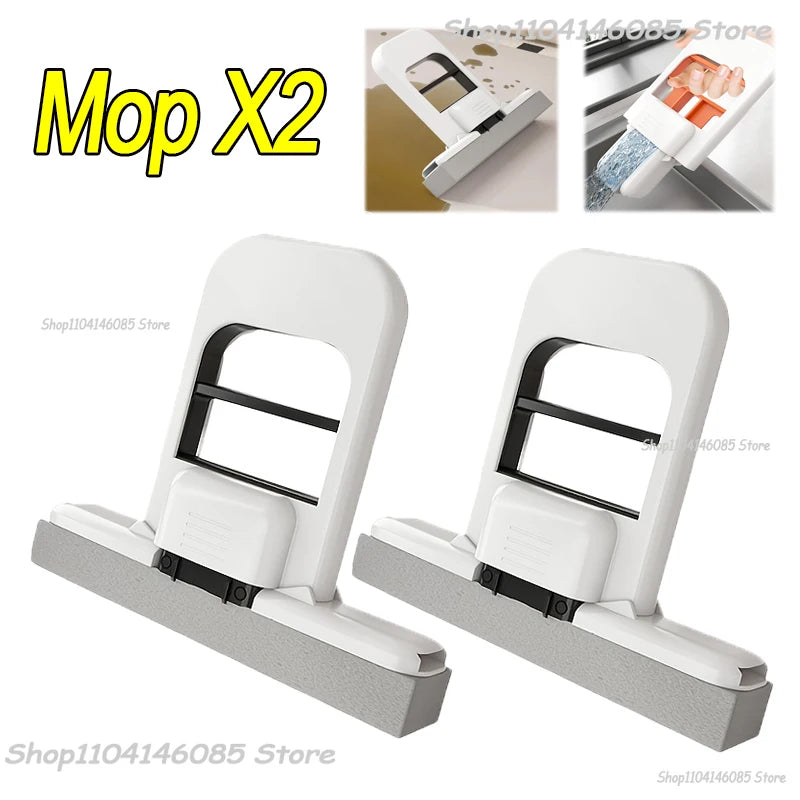 Foldable desktop sponge mop with black handle and two gray replacement heads