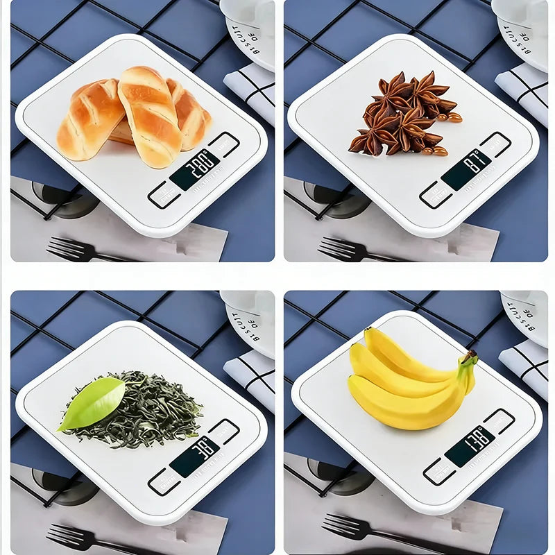 Stainless digital kitchen scale with LED display and buttons, shown with various food items on top