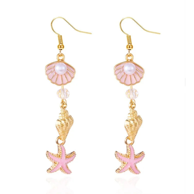 Pair of gold hook earrings with pink pearl-shell drops and starfish charms