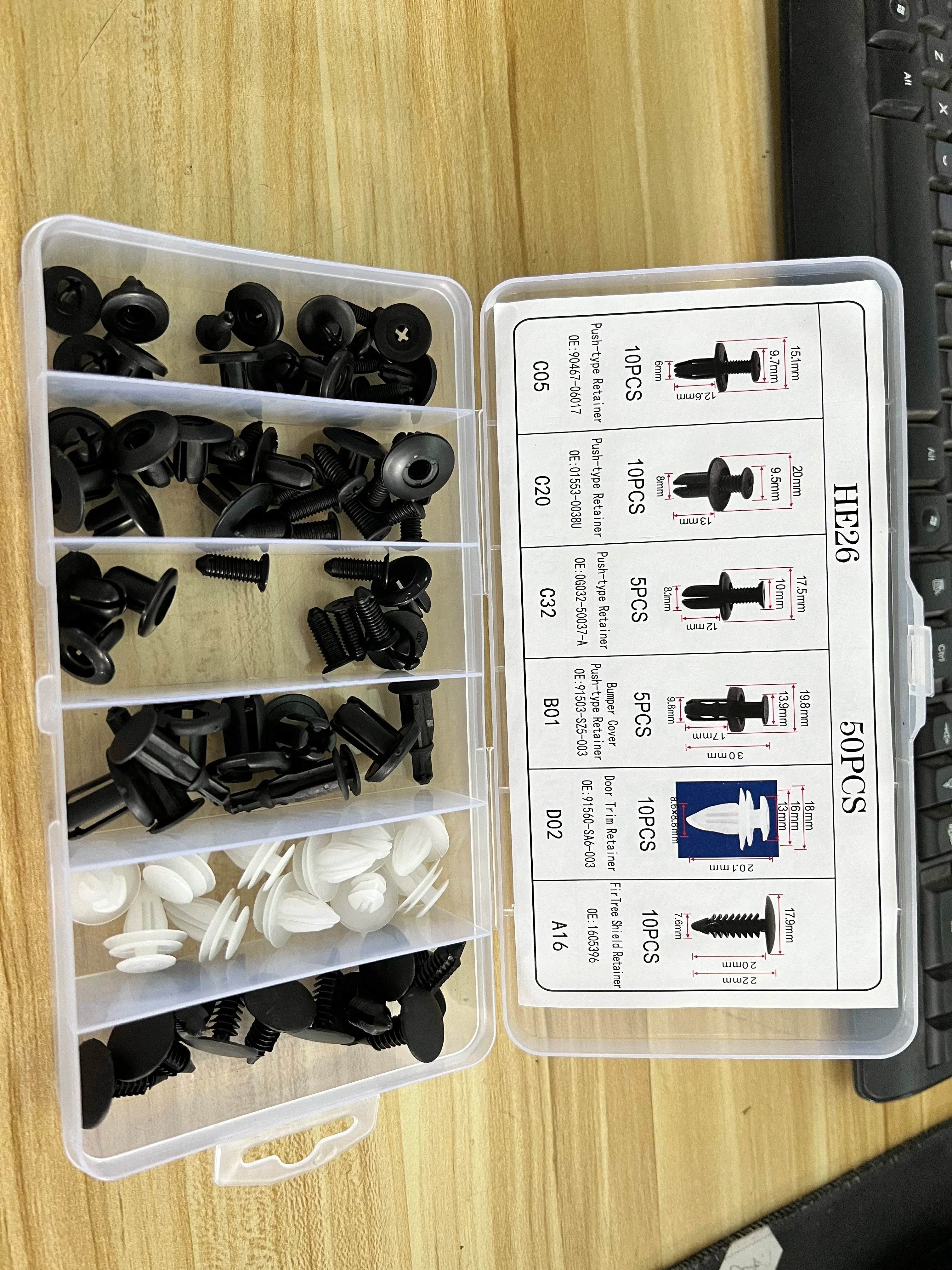Auto push retainer clip fastener kit in compartment organizer, black and white clips