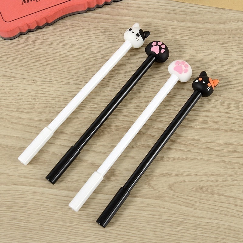 Kawaii cat gel pens set, black barrel, paw and cat head toppers, black ink tips