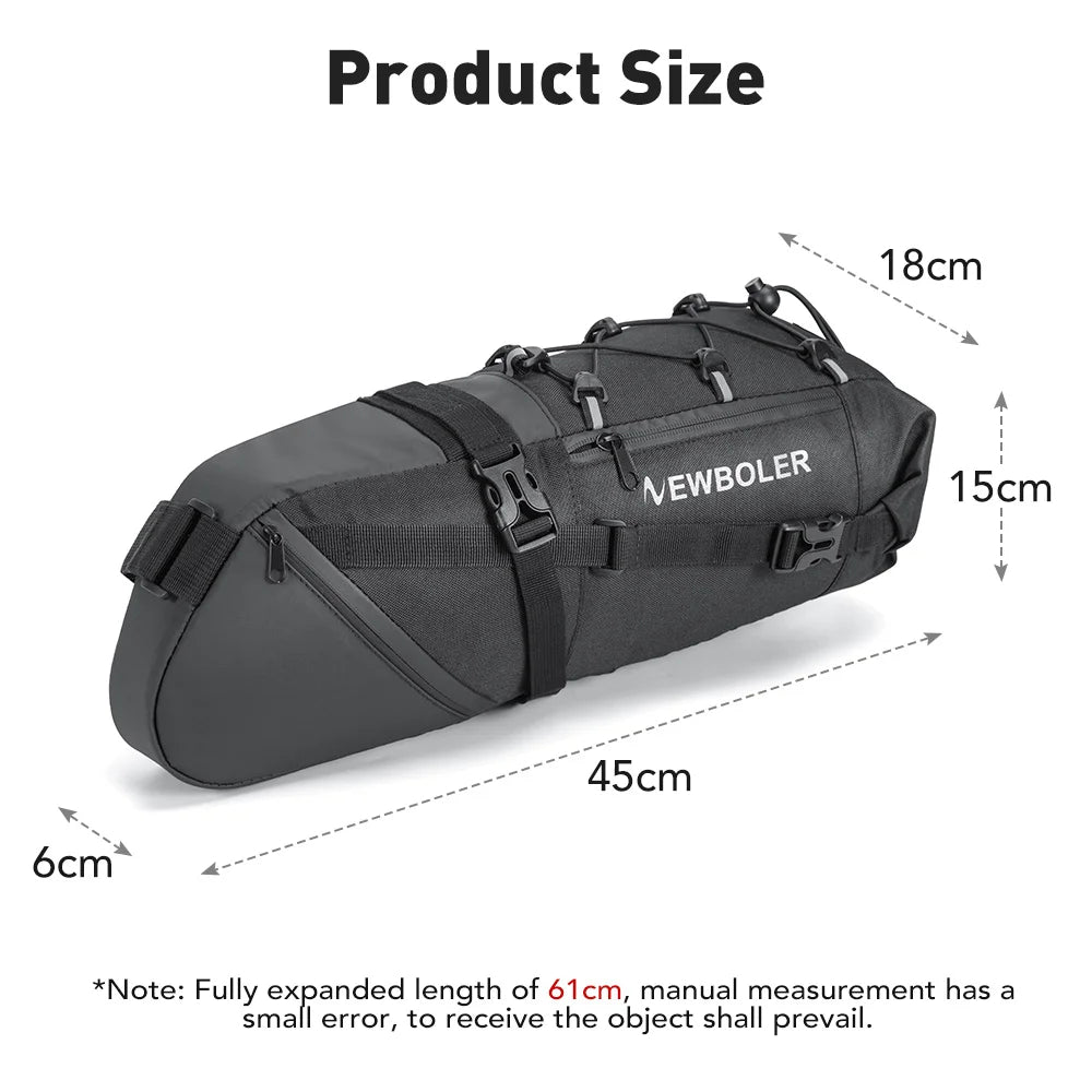 NEWBOLER black bike tail bag size view with 45 x 18 x 15 cm dimensions