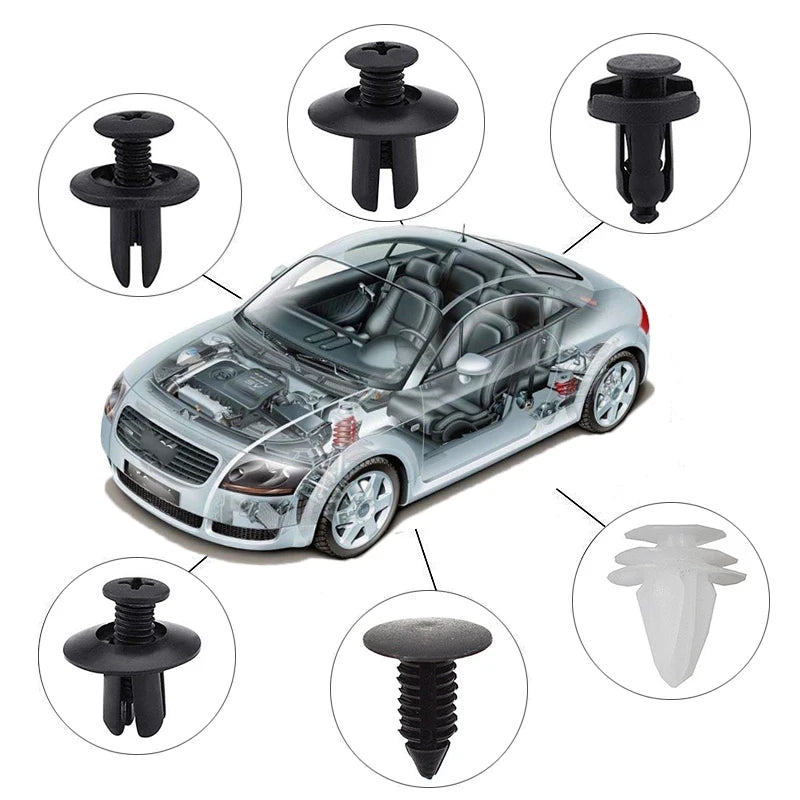 Black plastic push retainer clips for automotive panels, shown with car placement