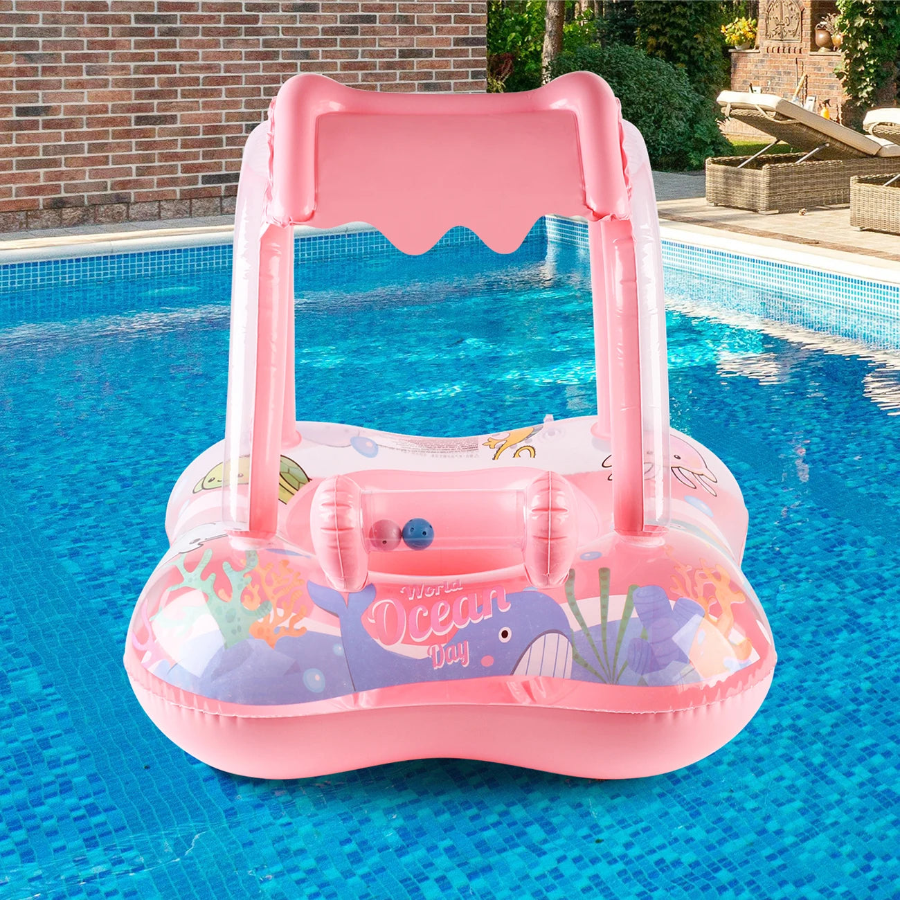 Pink kids pool float with canopy, inflatable side handles, and wide front ring base