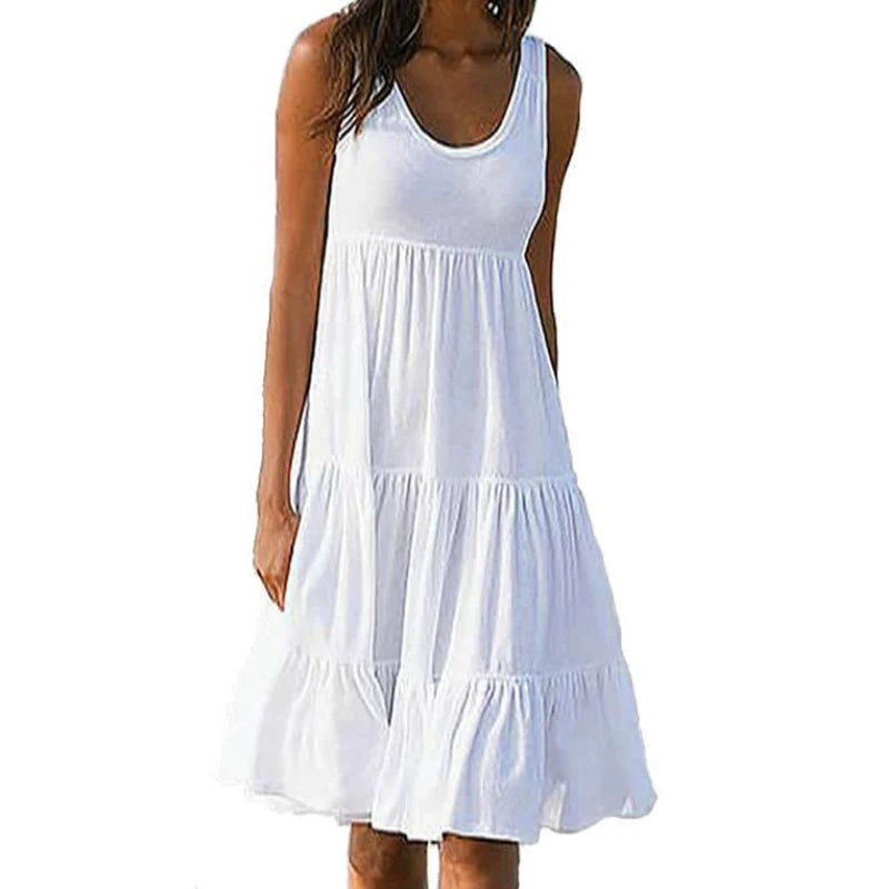 White sleeveless mini dress with tiered ruffle skirt and scoop neckline