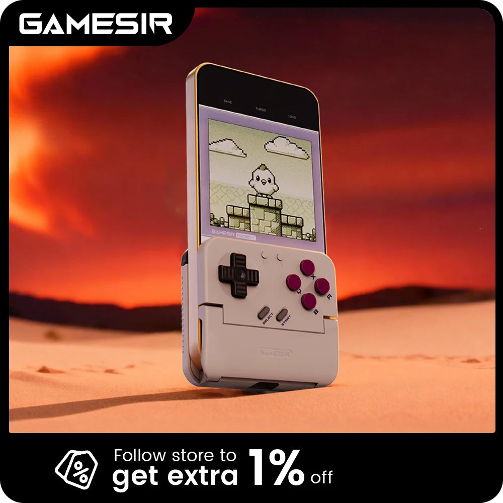 Cream vertical handheld mobile gaming controller with D-pad and purple button cluster, phone attached